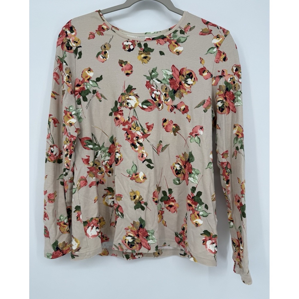 Croft & Barrow Women's M Top Tan Pink Floral Long Sleeve Round Neck‎ Casual